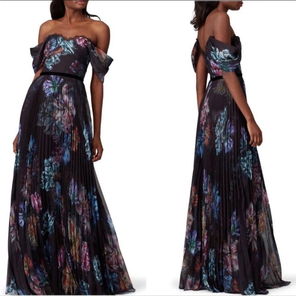 Marchesa Notte Black Floral Off-The-Shoulder Chiffon Gown Size 4 Lace Maxi NWOT